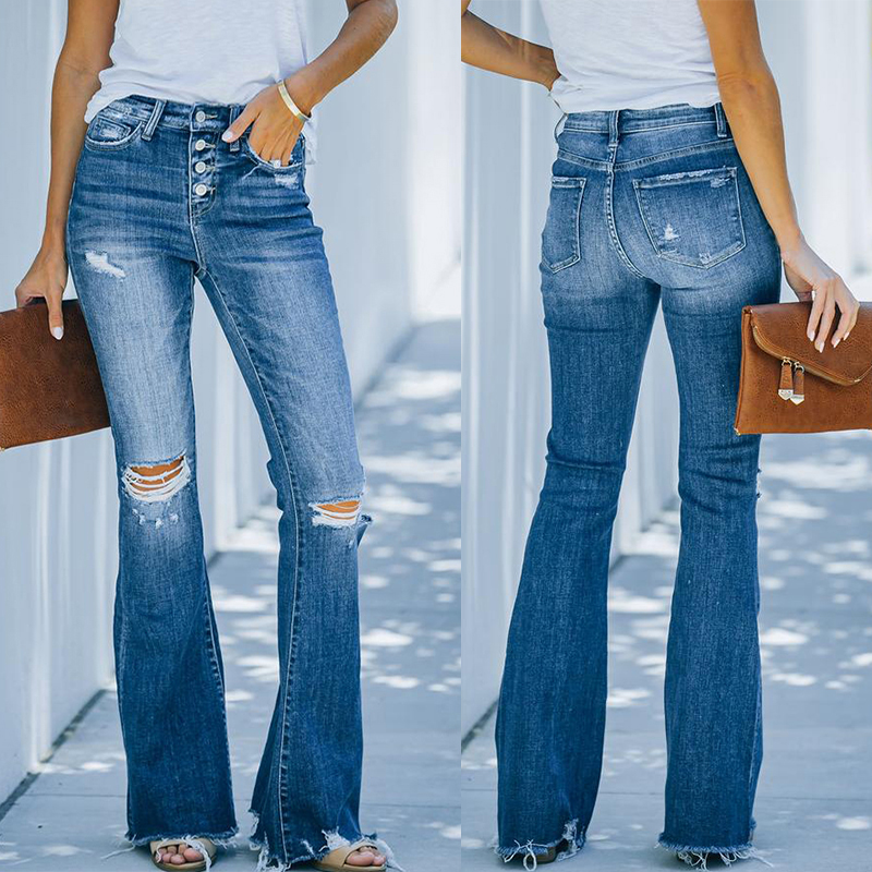 Los nuevos jeans casuales de corte de bota rasgados y adelgazantes de cintura alta NHUO441724