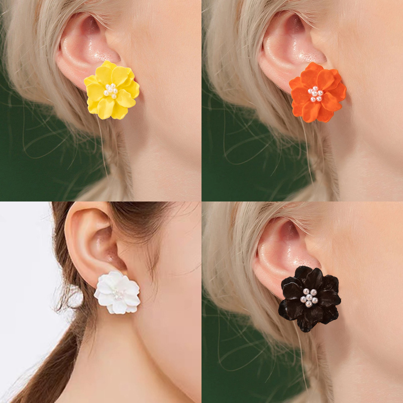 Nuevos pendientes simples de perlas de flores blancas tridimensionales de  camelia. NHGY699004