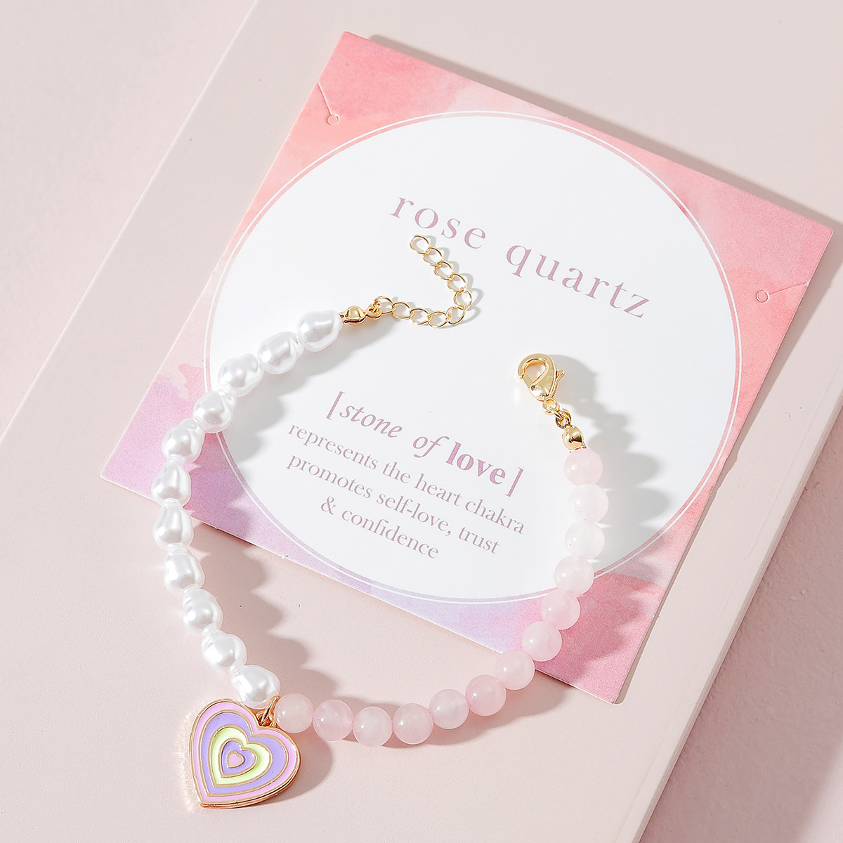 Pulsera de perlas con colgante en forma de corazón de cristal rosa coreano NHLU697855